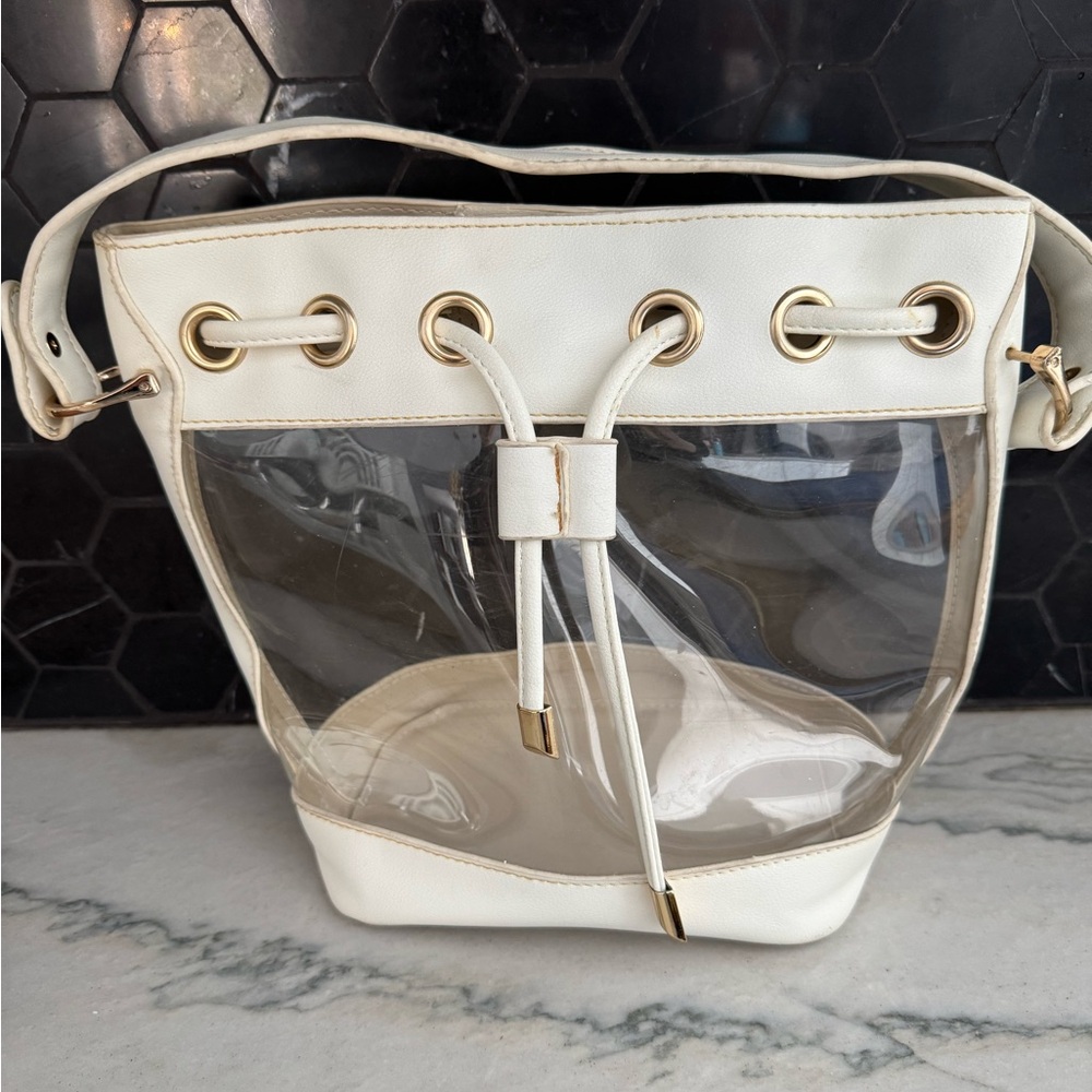 White Faux Leather & Clear Vinyl Bucket Bag Gold Drawstring Closure Handbag